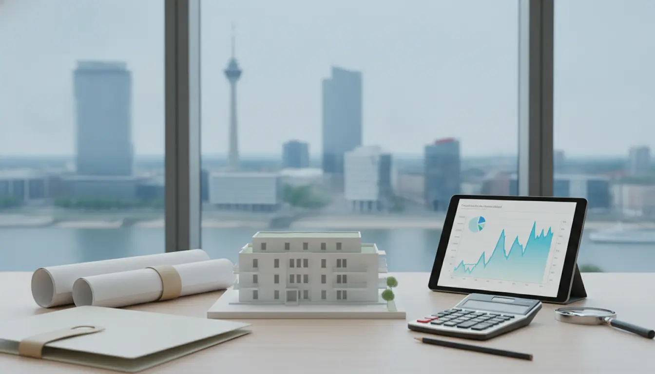 Architekturmodell, Baupläne und Tablet mit Diagrammen am Schreibtisch