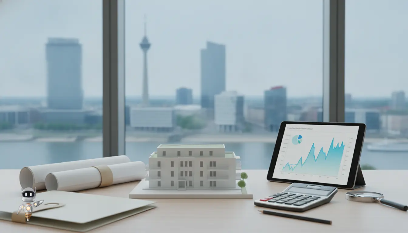 Architekturmodell, Blaupausen, Taschenrechner und Tablet mit Diagrammen vor der Skyline.