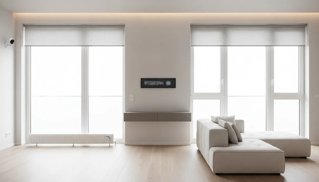Helles, modernes Wohnzimmer mit großen Fenstern, TV und Sofa.