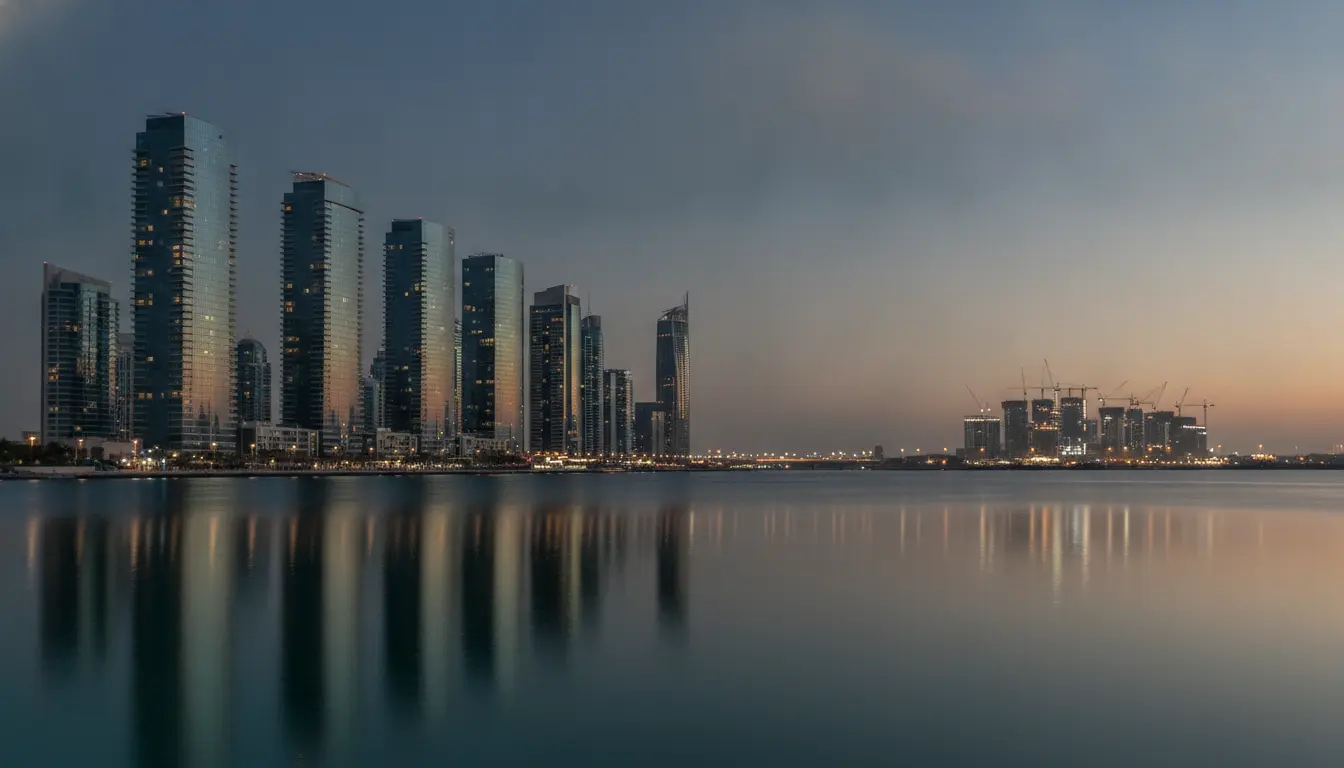 Abendliche Skyline am Wasser mit Gebäudespiegelung.
