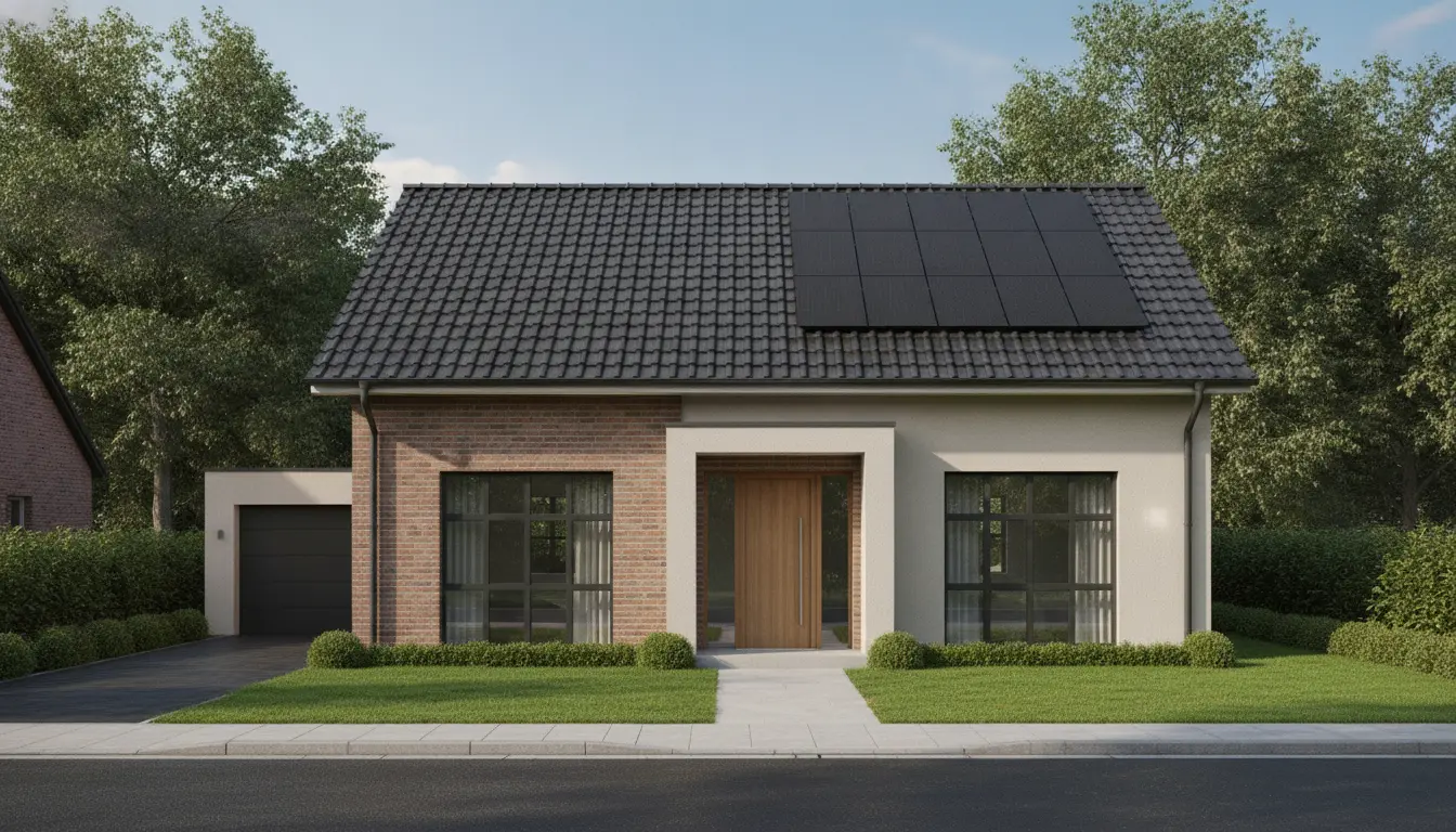 Modernes Einfamilienhaus mit Solarpanelen auf dem Dach.
