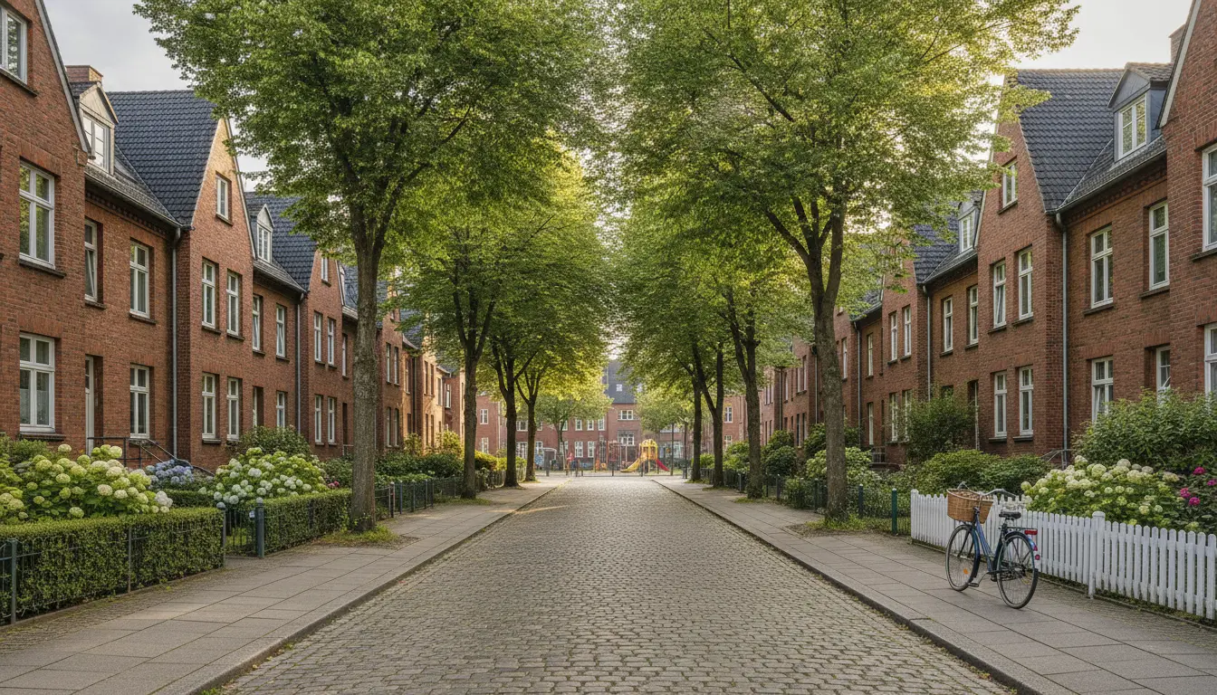 Straße mit roten Backsteinhäusern, Baumallee und Fahrrad.
