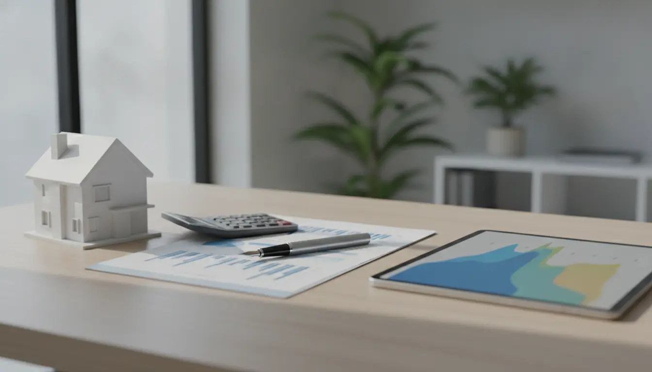 Schreibtisch mit Modellhaus, Unterlagen, Stift und Tablet.